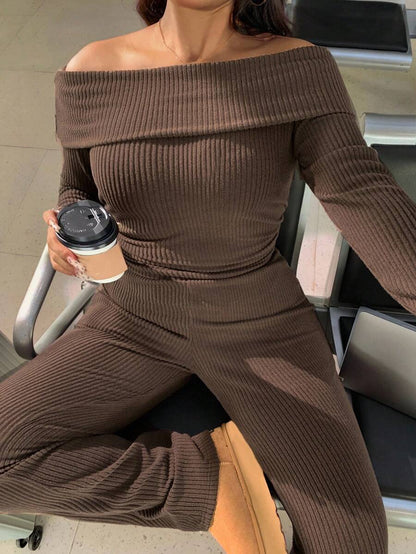 SHEIN EZwear Plus Size Woman Off Shoulder Ribbed 2 Pieces Set,Winter Long Sleeve Pants Sets,Christmas Lounge Set,Burgundy,Autumn,Smart Casual,Everyday Comfortable