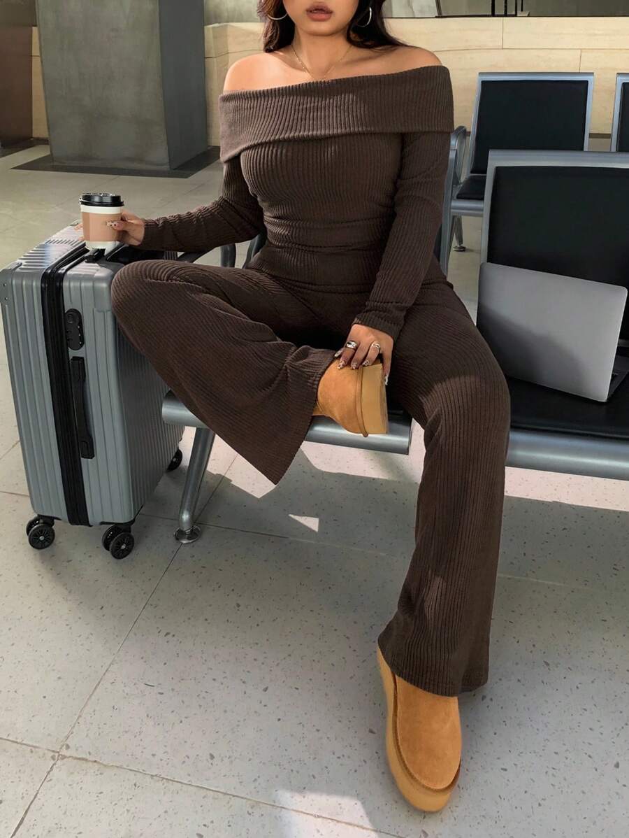 SHEIN EZwear Plus Size Woman Off Shoulder Ribbed 2 Pieces Set,Winter Long Sleeve Pants Sets,Christmas Lounge Set,Burgundy,Autumn,Smart Casual,Everyday Comfortable