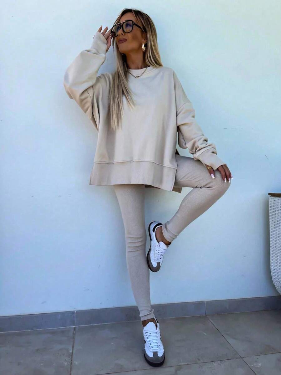 INAWLY 2pcs Women Solid Color Round Neck Drop Shoulder Long Sleeve Sweatshirt And Leggings Set