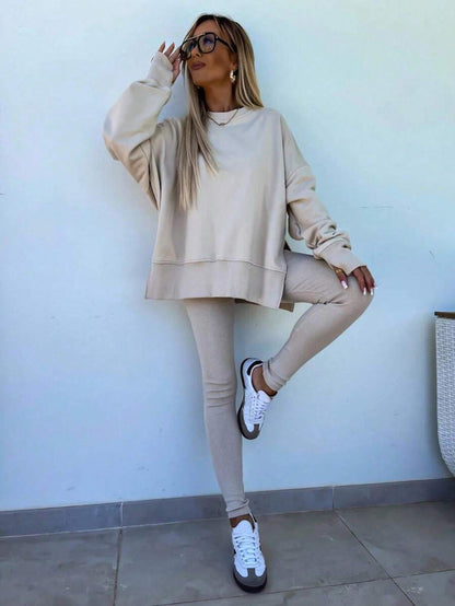 INAWLY 2pcs Women Solid Color Round Neck Drop Shoulder Long Sleeve Sweatshirt And Leggings Set