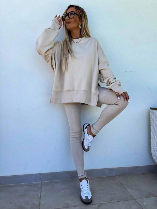 INAWLY 2pcs Women Solid Color Round Neck Drop Shoulder Long Sleeve Sweatshirt And Leggings Set