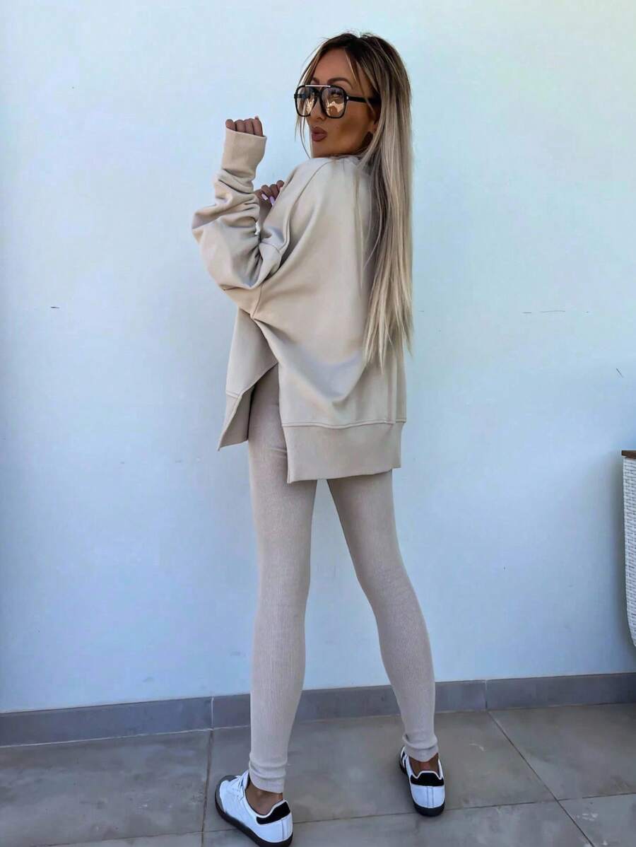 INAWLY 2pcs Women Solid Color Round Neck Drop Shoulder Long Sleeve Sweatshirt And Leggings Set