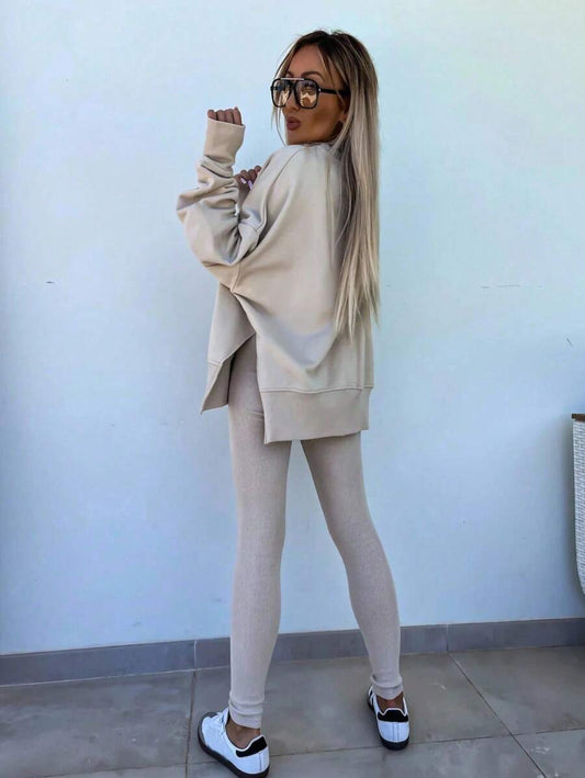 INAWLY 2pcs Women Solid Color Round Neck Drop Shoulder Long Sleeve Sweatshirt And Leggings Set
