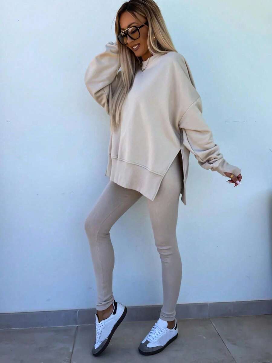 INAWLY 2pcs Women Solid Color Round Neck Drop Shoulder Long Sleeve Sweatshirt And Leggings Set