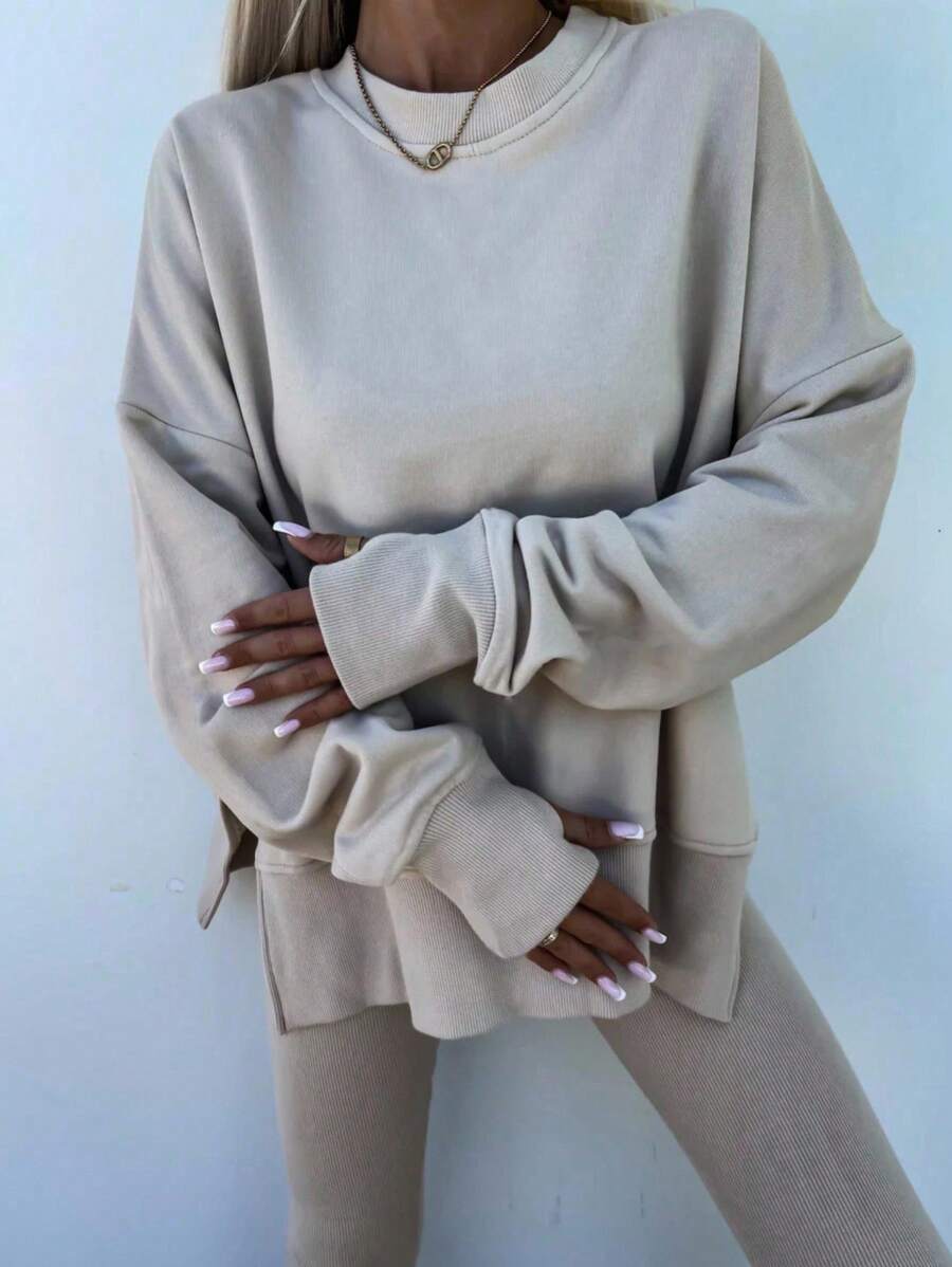 INAWLY 2pcs Women Solid Color Round Neck Drop Shoulder Long Sleeve Sweatshirt And Leggings Set