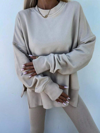 INAWLY 2pcs Women Solid Color Round Neck Drop Shoulder Long Sleeve Sweatshirt And Leggings Set