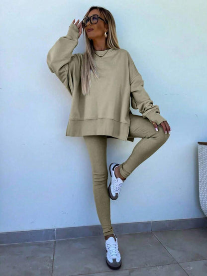 SHEIN LUNE Women's Solid Color Round Neck Drop Shoulder Long Sleeve Cardigan, Versatile 2 Pieces Set