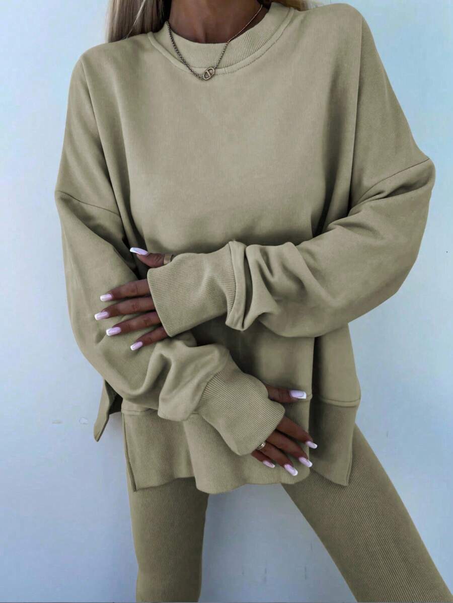 SHEIN LUNE Women's Solid Color Round Neck Drop Shoulder Long Sleeve Cardigan, Versatile 2 Pieces Set