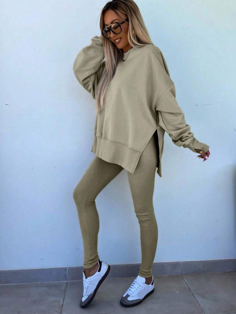 SHEIN LUNE Women's Solid Color Round Neck Drop Shoulder Long Sleeve Cardigan, Versatile 2 Pieces Set