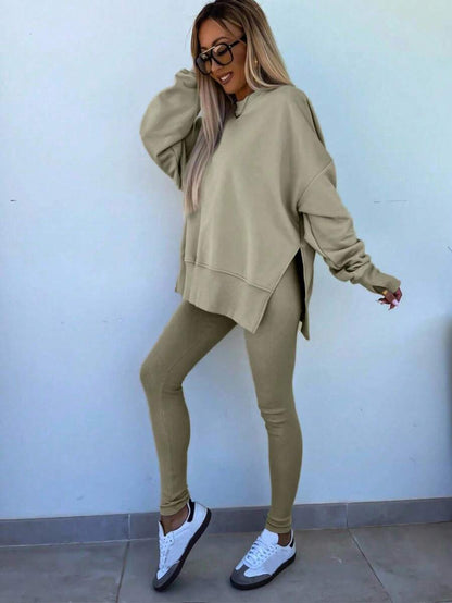 SHEIN LUNE Women's Solid Color Round Neck Drop Shoulder Long Sleeve Cardigan, Versatile 2 Pieces Set