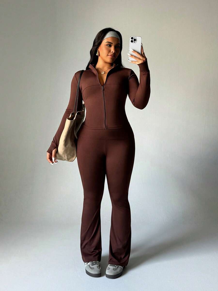 FWH Winter Plus Size Thumb Hole Cuffs, Front Zipper Design, Leg-Lengthening Flare Pants, #SportsCasualLuxury #SportsFashion #RetroFuturism, High Neck Sports Set, Zipper Yoga Outfit, Tummy Control Flare Pants, Warm Sports Suit Set, Women's High Neck Zipper