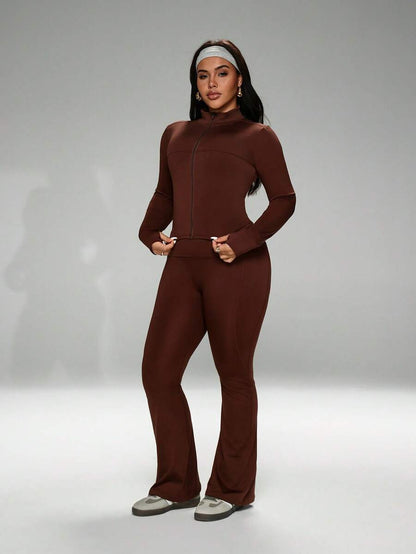 FWH Winter Plus Size Thumb Hole Cuffs, Front Zipper Design, Leg-Lengthening Flare Pants, #SportsCasualLuxury #SportsFashion #RetroFuturism, High Neck Sports Set, Zipper Yoga Outfit, Tummy Control Flare Pants, Warm Sports Suit Set, Women's High Neck Zipper