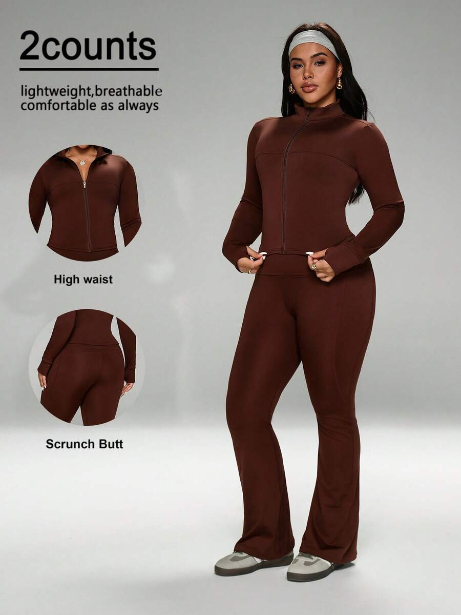 FWH Winter Plus Size Thumb Hole Cuffs, Front Zipper Design, Leg-Lengthening Flare Pants, #SportsCasualLuxury #SportsFashion #RetroFuturism, High Neck Sports Set, Zipper Yoga Outfit, Tummy Control Flare Pants, Warm Sports Suit Set, Women's High Neck Zipper