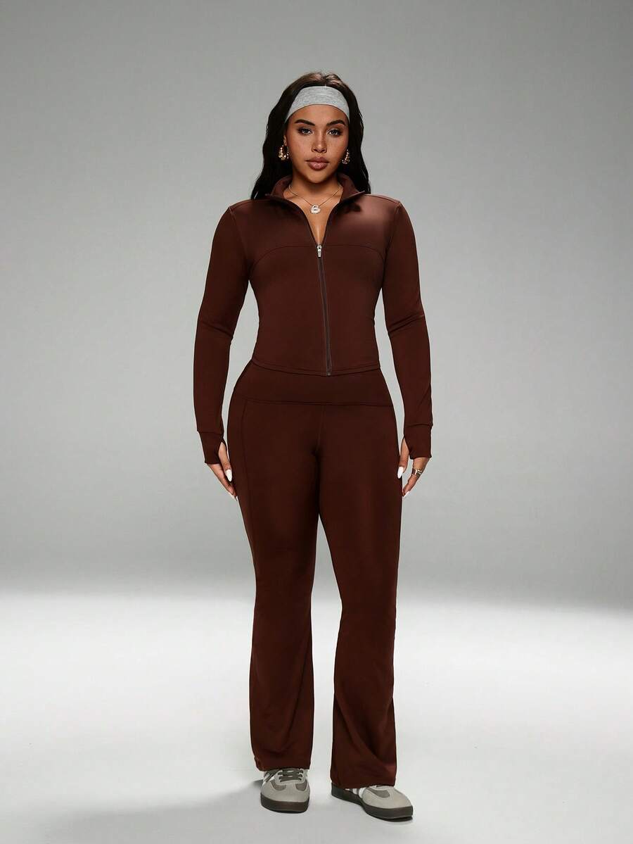 FWH Winter Plus Size Thumb Hole Cuffs, Front Zipper Design, Leg-Lengthening Flare Pants, #SportsCasualLuxury #SportsFashion #RetroFuturism, High Neck Sports Set, Zipper Yoga Outfit, Tummy Control Flare Pants, Warm Sports Suit Set, Women's High Neck Zipper