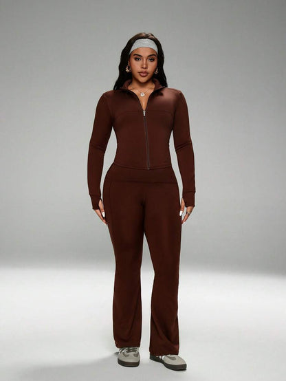 FWH Winter Plus Size Thumb Hole Cuffs, Front Zipper Design, Leg-Lengthening Flare Pants, #SportsCasualLuxury #SportsFashion #RetroFuturism, High Neck Sports Set, Zipper Yoga Outfit, Tummy Control Flare Pants, Warm Sports Suit Set, Women's High Neck Zipper
