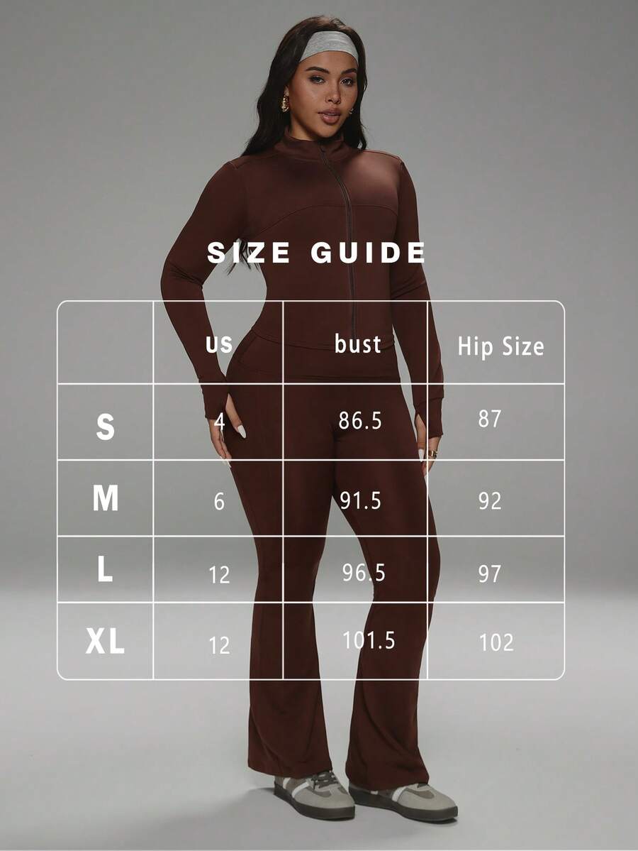 FWH Winter Plus Size Thumb Hole Cuffs, Front Zipper Design, Leg-Lengthening Flare Pants, #SportsCasualLuxury #SportsFashion #RetroFuturism, High Neck Sports Set, Zipper Yoga Outfit, Tummy Control Flare Pants, Warm Sports Suit Set, Women's High Neck Zipper