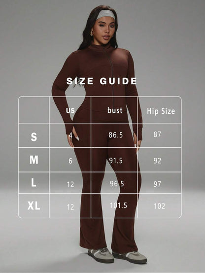 FWH Winter Plus Size Thumb Hole Cuffs, Front Zipper Design, Leg-Lengthening Flare Pants, #SportsCasualLuxury #SportsFashion #RetroFuturism, High Neck Sports Set, Zipper Yoga Outfit, Tummy Control Flare Pants, Warm Sports Suit Set, Women's High Neck Zipper