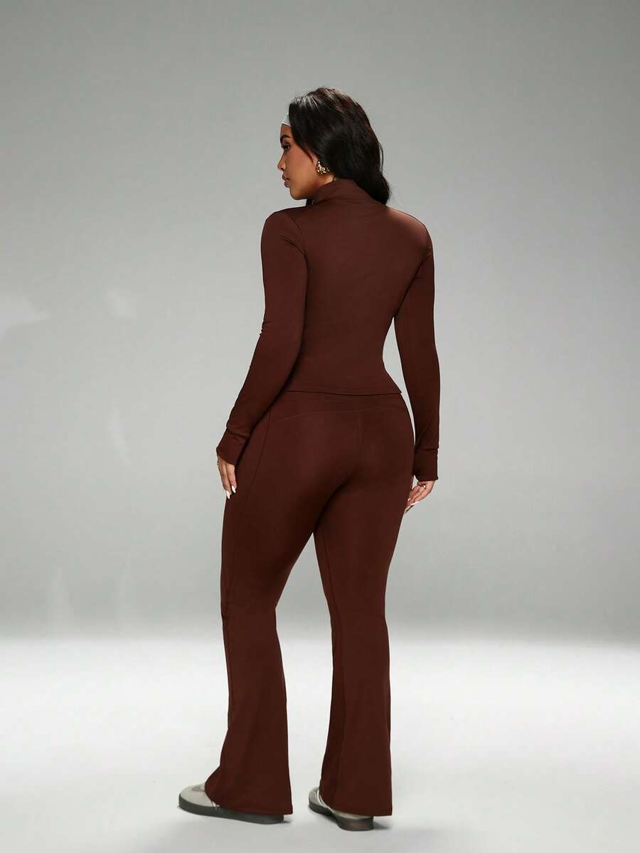 FWH Winter Plus Size Thumb Hole Cuffs, Front Zipper Design, Leg-Lengthening Flare Pants, #SportsCasualLuxury #SportsFashion #RetroFuturism, High Neck Sports Set, Zipper Yoga Outfit, Tummy Control Flare Pants, Warm Sports Suit Set, Women's High Neck Zipper