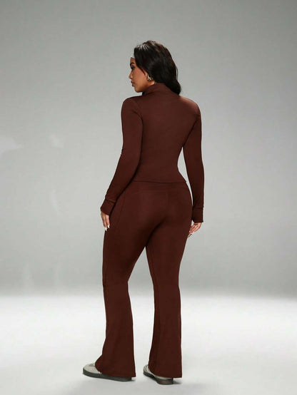 FWH Winter Plus Size Thumb Hole Cuffs, Front Zipper Design, Leg-Lengthening Flare Pants, #SportsCasualLuxury #SportsFashion #RetroFuturism, High Neck Sports Set, Zipper Yoga Outfit, Tummy Control Flare Pants, Warm Sports Suit Set, Women's High Neck Zipper