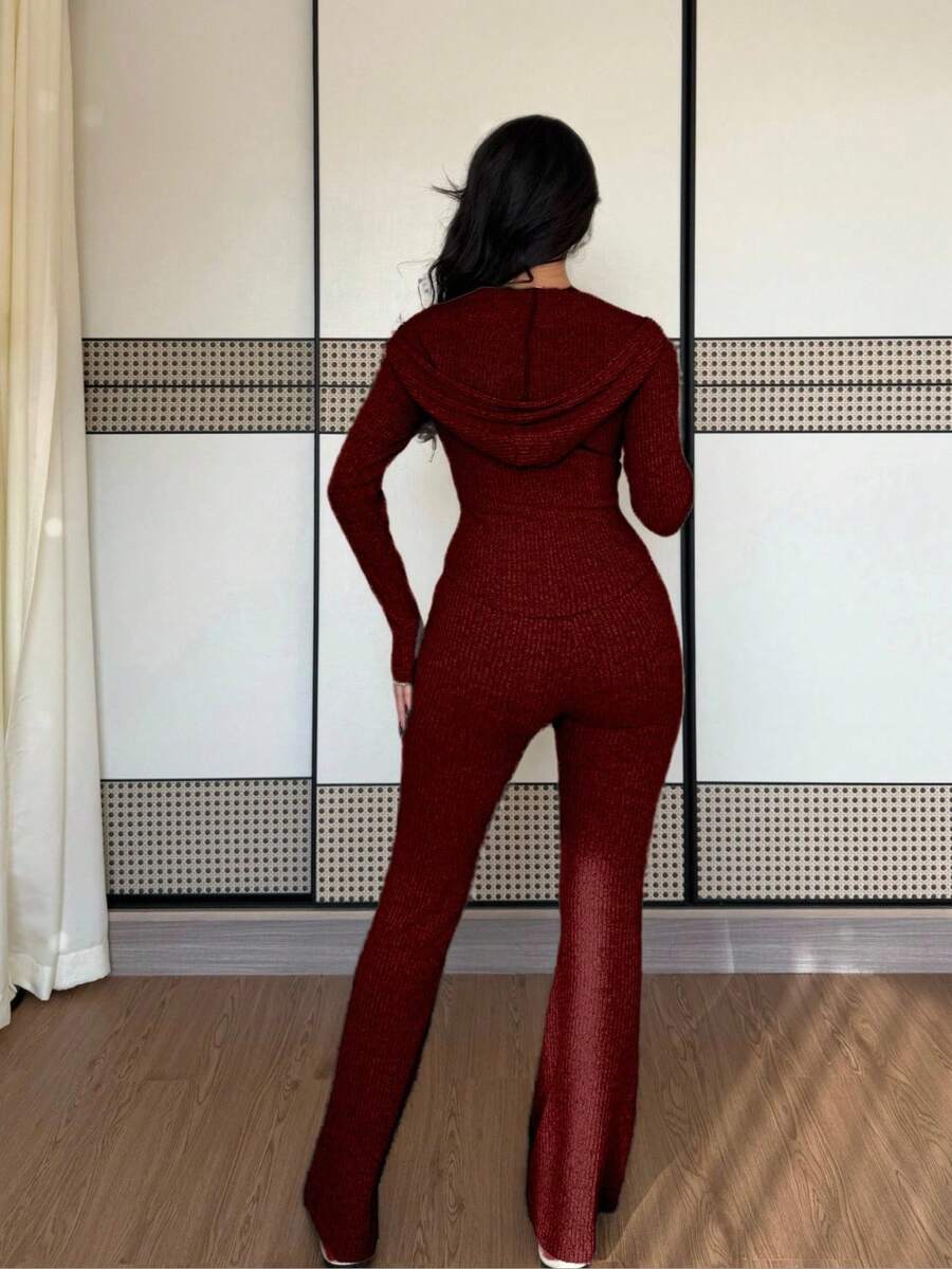 SHEIN Raffinéa Casual Hooded Cinched Waist Pocket Jacket And Flare Ribbed Knit Pants 2 Pieces Set For Women, Versatile Daily Wear, Autumn/Winter Fall Cloth For Women