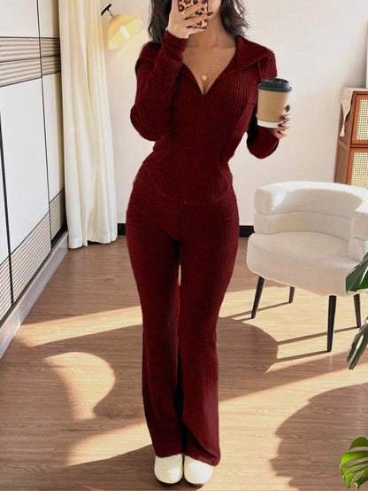 SHEIN Raffinéa Casual Hooded Cinched Waist Pocket Jacket And Flare Ribbed Knit Pants 2 Pieces Set For Women, Versatile Daily Wear, Autumn/Winter Fall Cloth For Women