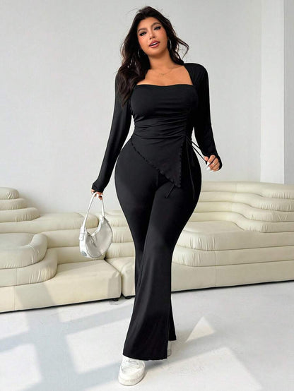 GalTyme Plus Size Women's Casual Asymmetrical Hem Tie Top And Flared Leg Pants Set Fall