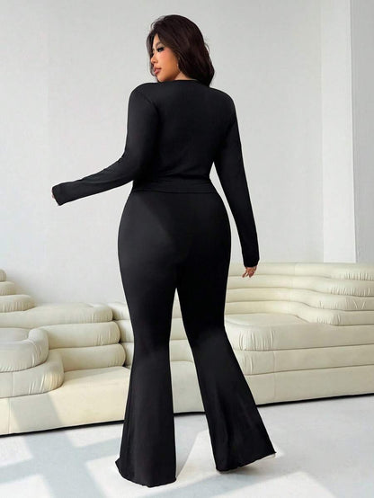GalTyme Plus Size Women's Casual Asymmetrical Hem Tie Top And Flared Leg Pants Set Fall