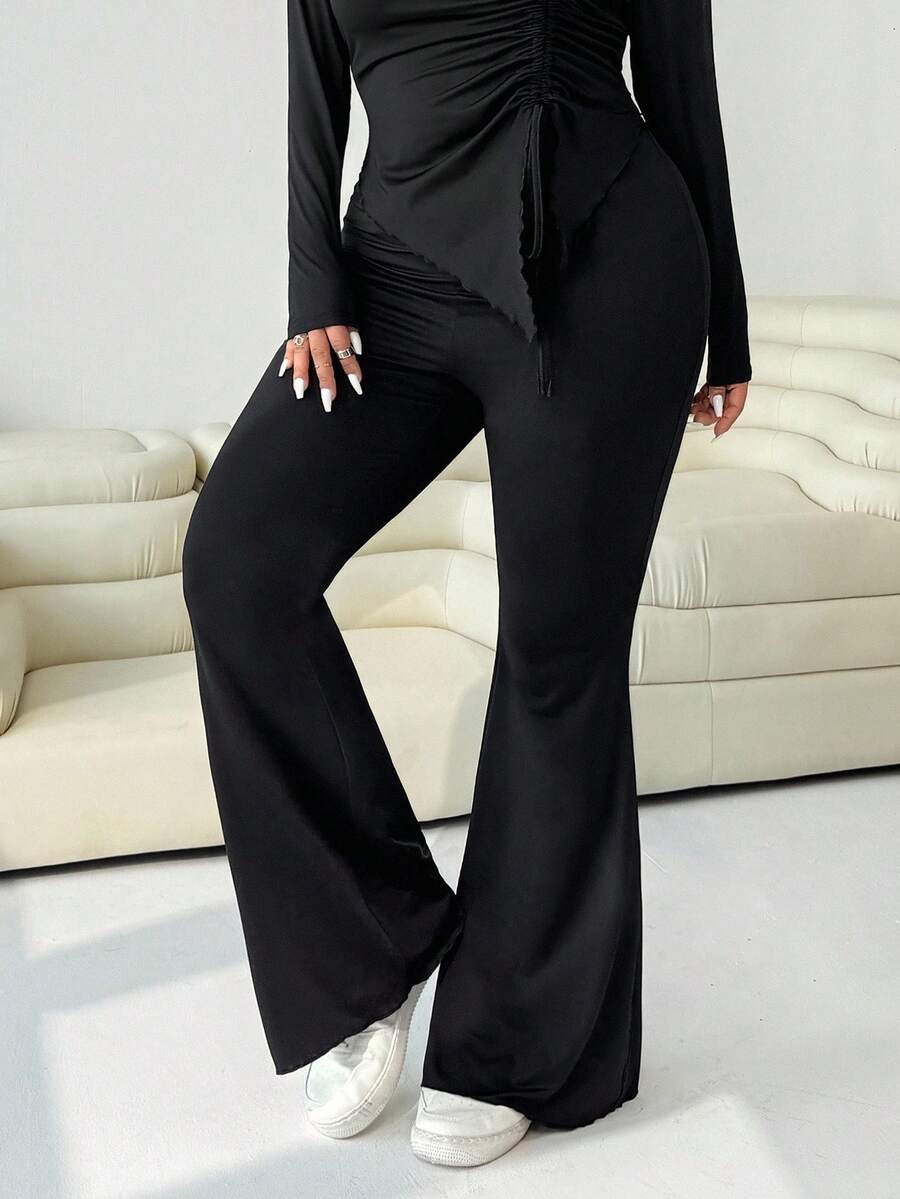GalTyme Plus Size Women's Casual Asymmetrical Hem Tie Top And Flared Leg Pants Set Fall