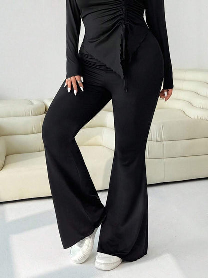 GalTyme Plus Size Women's Casual Asymmetrical Hem Tie Top And Flared Leg Pants Set Fall