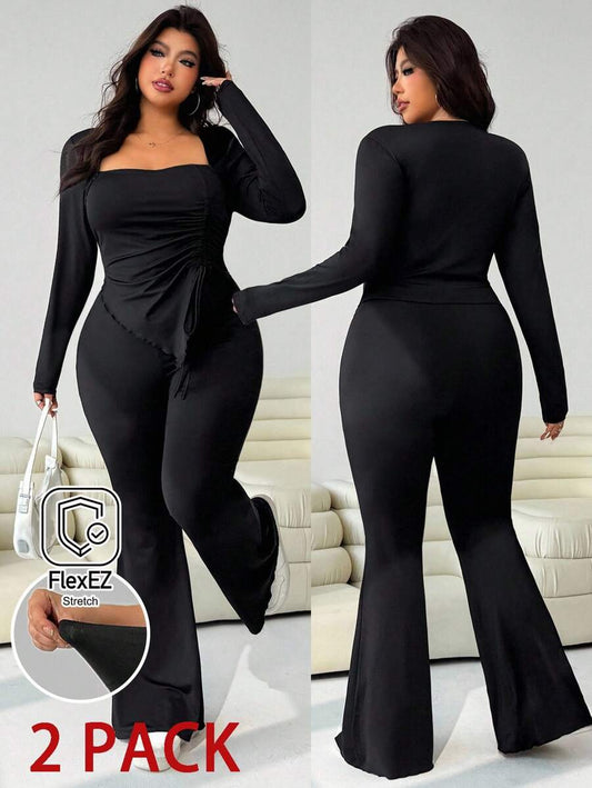 GalTyme Plus Size Women's Casual Asymmetrical Hem Tie Top And Flared Leg Pants Set Fall