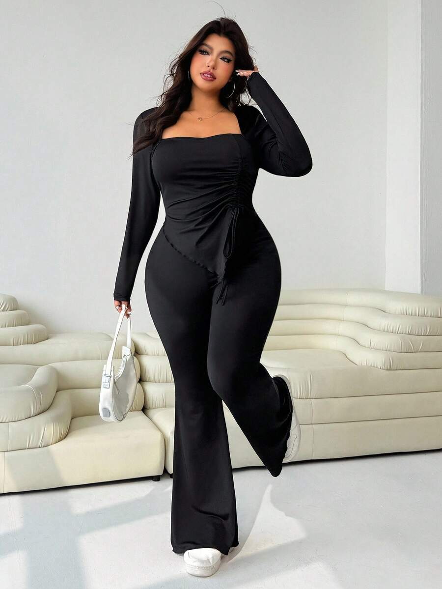 GalTyme Plus Size Women's Casual Asymmetrical Hem Tie Top And Flared Leg Pants Set Fall