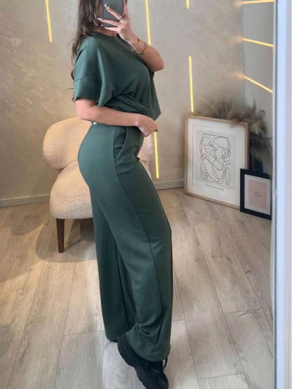 Women's 2 Pieces Casual Outfit, Comfortable Solid Color Short Sleeve Top Paired With Elastic Waist Pocket Pants, Soft Polyester-Spandex Fabric, Spring/Summer Elegant