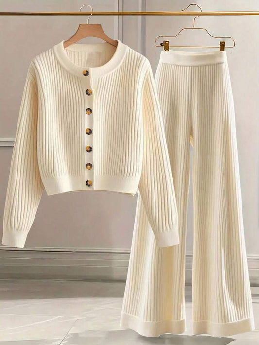 Franclia Women's Casual Solid Color Cardigan And Wide Leg Pants 2 Pieces Set, Autumn/Winter