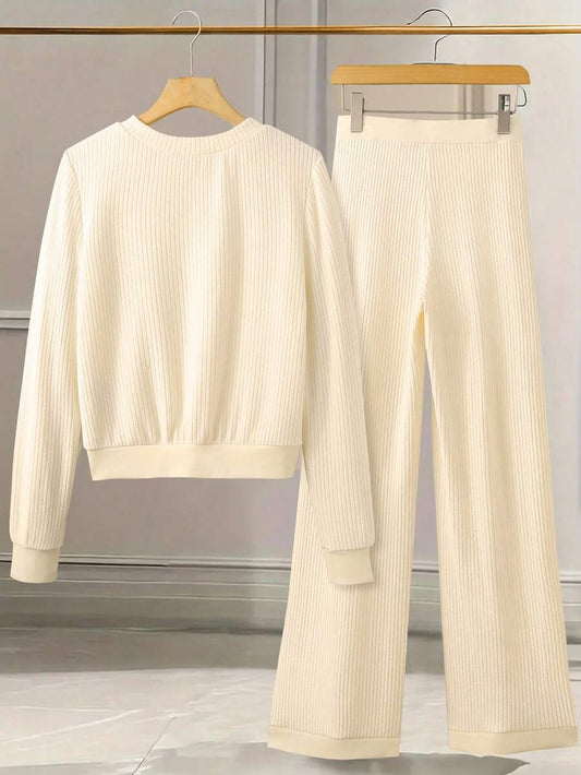 Franclia Women's Casual Solid Color Cardigan And Wide Leg Pants 2 Pieces Set, Autumn/Winter