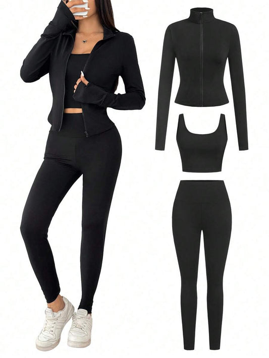 SHEIN EZwear Black Knit Women Zip-Up Cardigan + Camisole + Pants 3Pcs Sportswear Casual Set Gym Workout Autumn