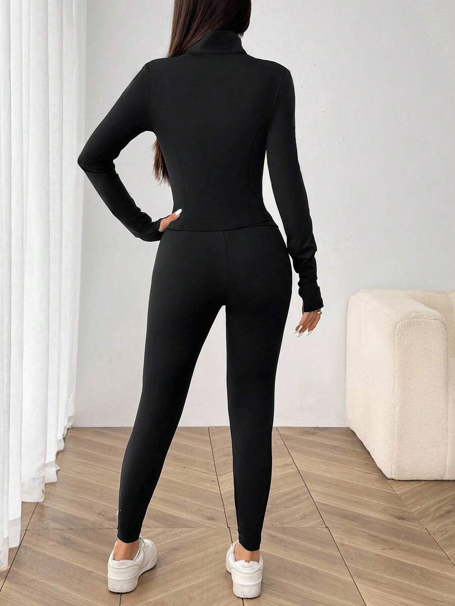 SHEIN EZwear Black Knit Women Zip-Up Cardigan + Camisole + Pants 3Pcs Sportswear Casual Set Gym Workout Autumn
