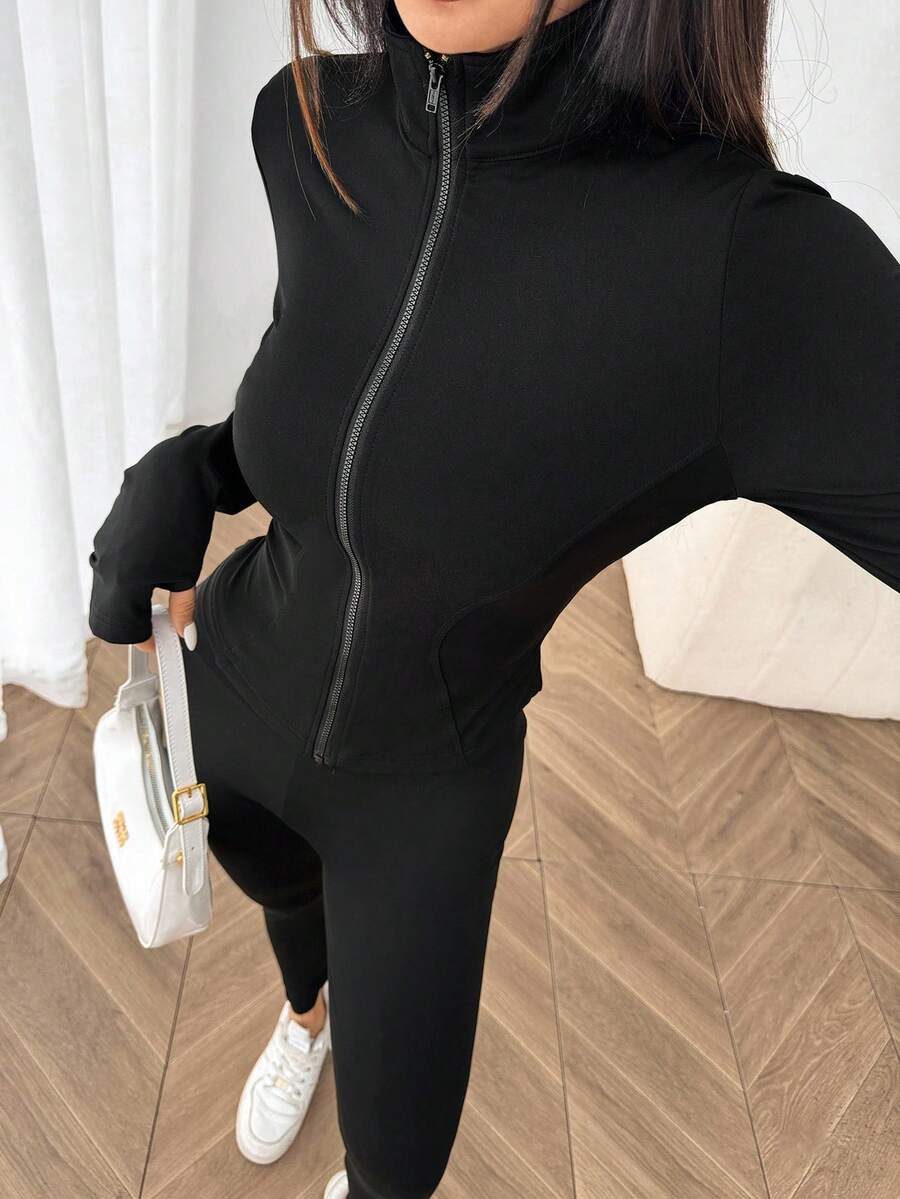 SHEIN EZwear Black Knit Women Zip-Up Cardigan + Camisole + Pants 3Pcs Sportswear Casual Set Gym Workout Autumn