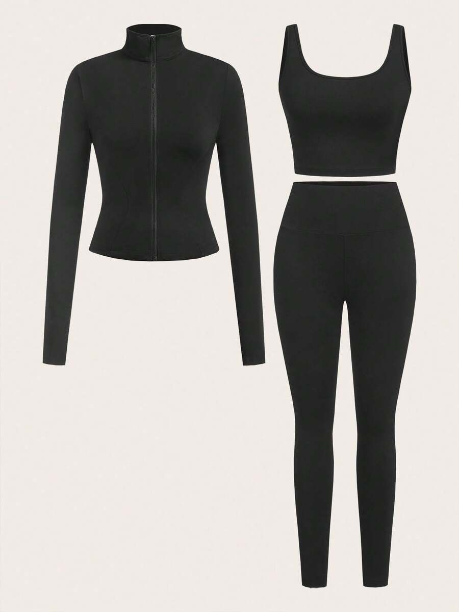 SHEIN EZwear Black Knit Women Zip-Up Cardigan + Camisole + Pants 3Pcs Sportswear Casual Set Gym Workout Autumn