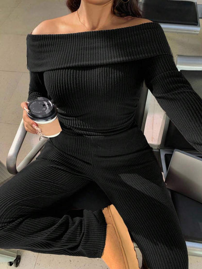 SHEIN EZwear Plus Size Woman Off Shoulder Ribbed 2 Pieces Set,Winter Long Sleeve Pants Sets,Christmas Lounge Set,Burgundy,Autumn,Smart Casual,Everyday Comfortable