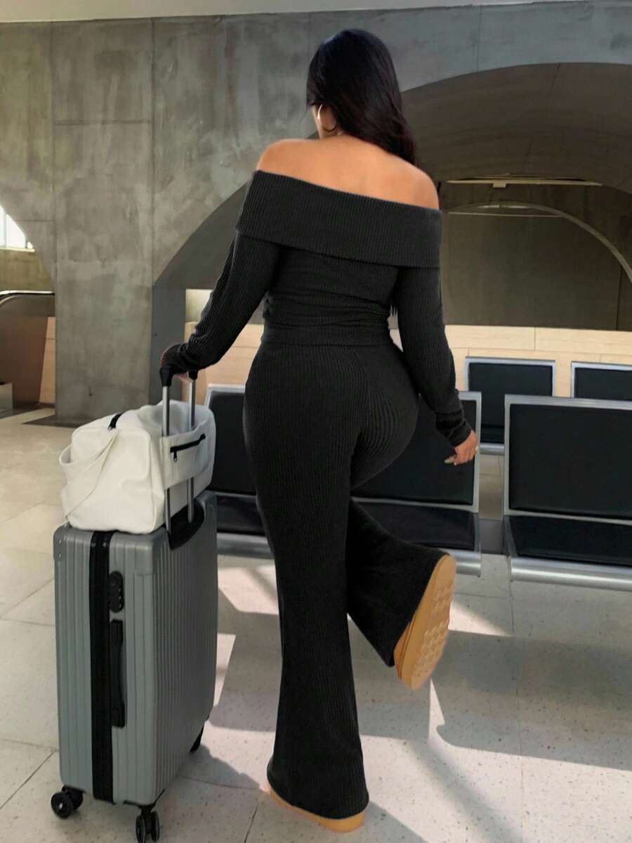 SHEIN EZwear Plus Size Woman Off Shoulder Ribbed 2 Pieces Set,Winter Long Sleeve Pants Sets,Christmas Lounge Set,Burgundy,Autumn,Smart Casual,Everyday Comfortable