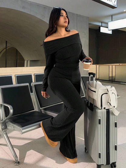 SHEIN EZwear Plus Size Woman Off Shoulder Ribbed 2 Pieces Set,Winter Long Sleeve Pants Sets,Christmas Lounge Set,Burgundy,Autumn,Smart Casual,Everyday Comfortable