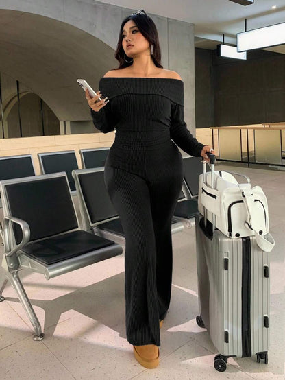 SHEIN EZwear Plus Size Woman Off Shoulder Ribbed 2 Pieces Set,Winter Long Sleeve Pants Sets,Christmas Lounge Set,Burgundy,Autumn,Smart Casual,Everyday Comfortable