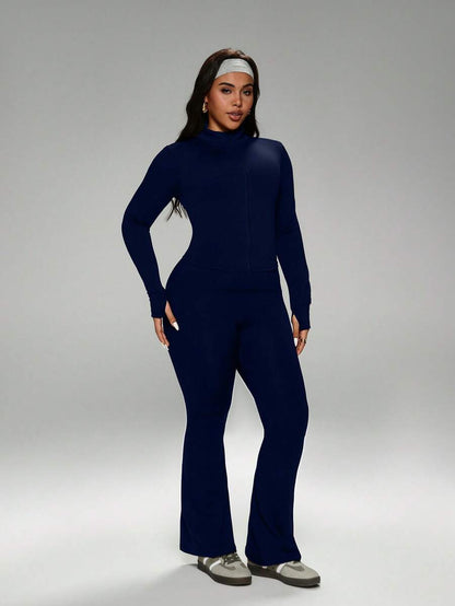 FWH Winter Plus Size Thumb Hole Cuffs, Front Zipper Design, Leg-Lengthening Flare Pants, #SportsCasualLuxury #SportsFashion #RetroFuturism, High Neck Sports Set, Zipper Yoga Outfit, Tummy Control Flare Pants, Warm Sports Suit Set, Women's High Neck Zipper