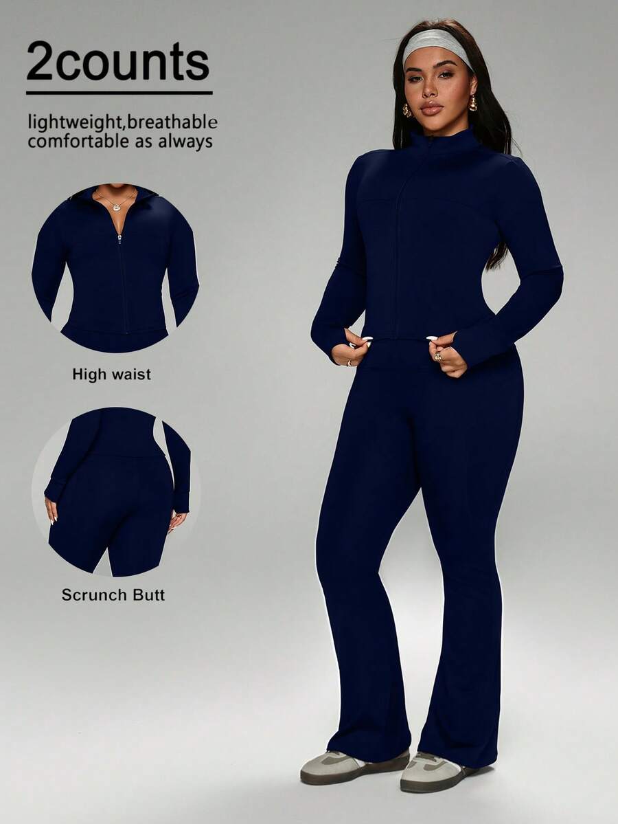FWH Winter Plus Size Thumb Hole Cuffs, Front Zipper Design, Leg-Lengthening Flare Pants, #SportsCasualLuxury #SportsFashion #RetroFuturism, High Neck Sports Set, Zipper Yoga Outfit, Tummy Control Flare Pants, Warm Sports Suit Set, Women's High Neck Zipper