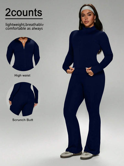 FWH Winter Plus Size Thumb Hole Cuffs, Front Zipper Design, Leg-Lengthening Flare Pants, #SportsCasualLuxury #SportsFashion #RetroFuturism, High Neck Sports Set, Zipper Yoga Outfit, Tummy Control Flare Pants, Warm Sports Suit Set, Women's High Neck Zipper
