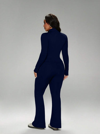 FWH Winter Plus Size Thumb Hole Cuffs, Front Zipper Design, Leg-Lengthening Flare Pants, #SportsCasualLuxury #SportsFashion #RetroFuturism, High Neck Sports Set, Zipper Yoga Outfit, Tummy Control Flare Pants, Warm Sports Suit Set, Women's High Neck Zipper