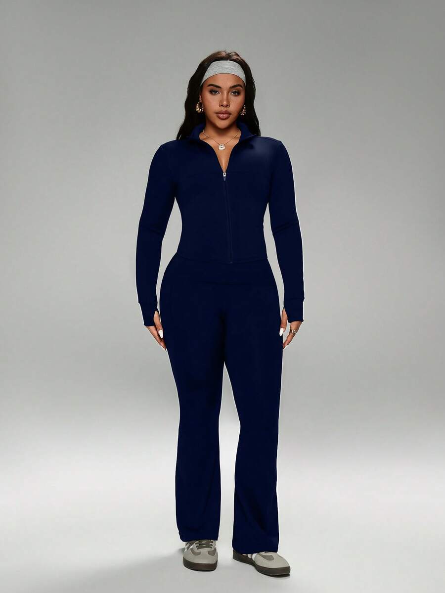FWH Winter Plus Size Thumb Hole Cuffs, Front Zipper Design, Leg-Lengthening Flare Pants, #SportsCasualLuxury #SportsFashion #RetroFuturism, High Neck Sports Set, Zipper Yoga Outfit, Tummy Control Flare Pants, Warm Sports Suit Set, Women's High Neck Zipper