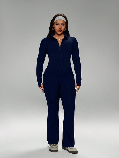FWH Winter Plus Size Thumb Hole Cuffs, Front Zipper Design, Leg-Lengthening Flare Pants, #SportsCasualLuxury #SportsFashion #RetroFuturism, High Neck Sports Set, Zipper Yoga Outfit, Tummy Control Flare Pants, Warm Sports Suit Set, Women's High Neck Zipper