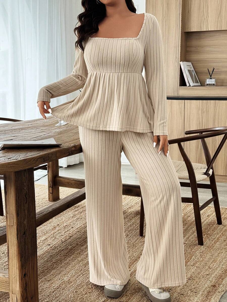 Weeklong Women Plus Size Plush Fabric Loose Collar Top, Warm Casual 2 Pieces Set, Autumn/Winter Fall