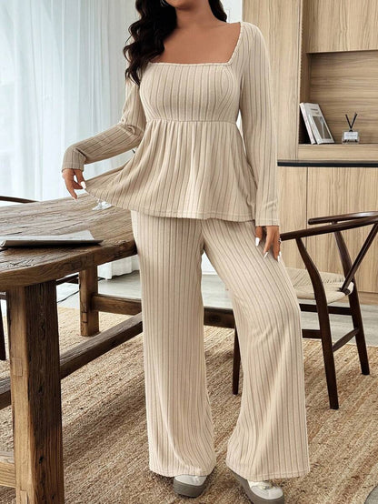 Weeklong Women Plus Size Plush Fabric Loose Collar Top, Warm Casual 2 Pieces Set, Autumn/Winter Fall